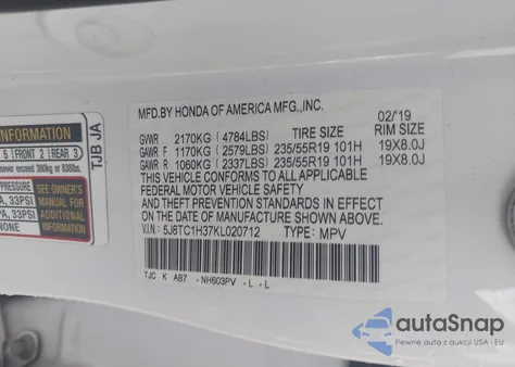 2019 Acura Rdx Standard z USA, uszkodzony, nr VIN 5J8TC1H37KL020712